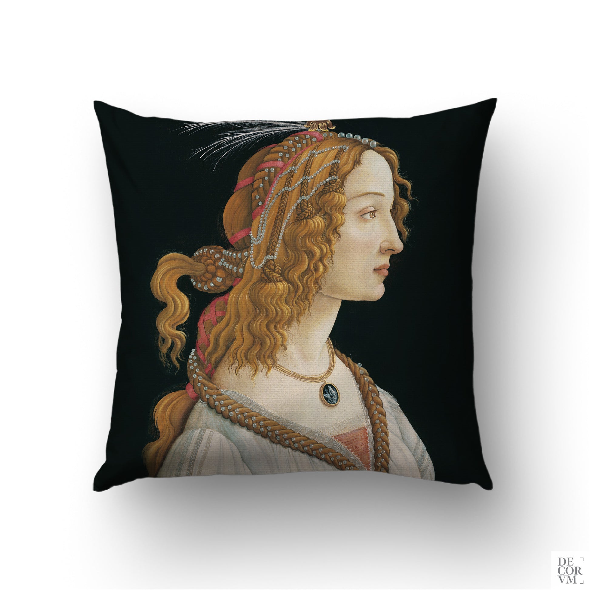 Botticelli Simonetta Vespucci cushion cover — Italian Renaissance profile portrait with pearled hair on deep black ground by Decorvm.