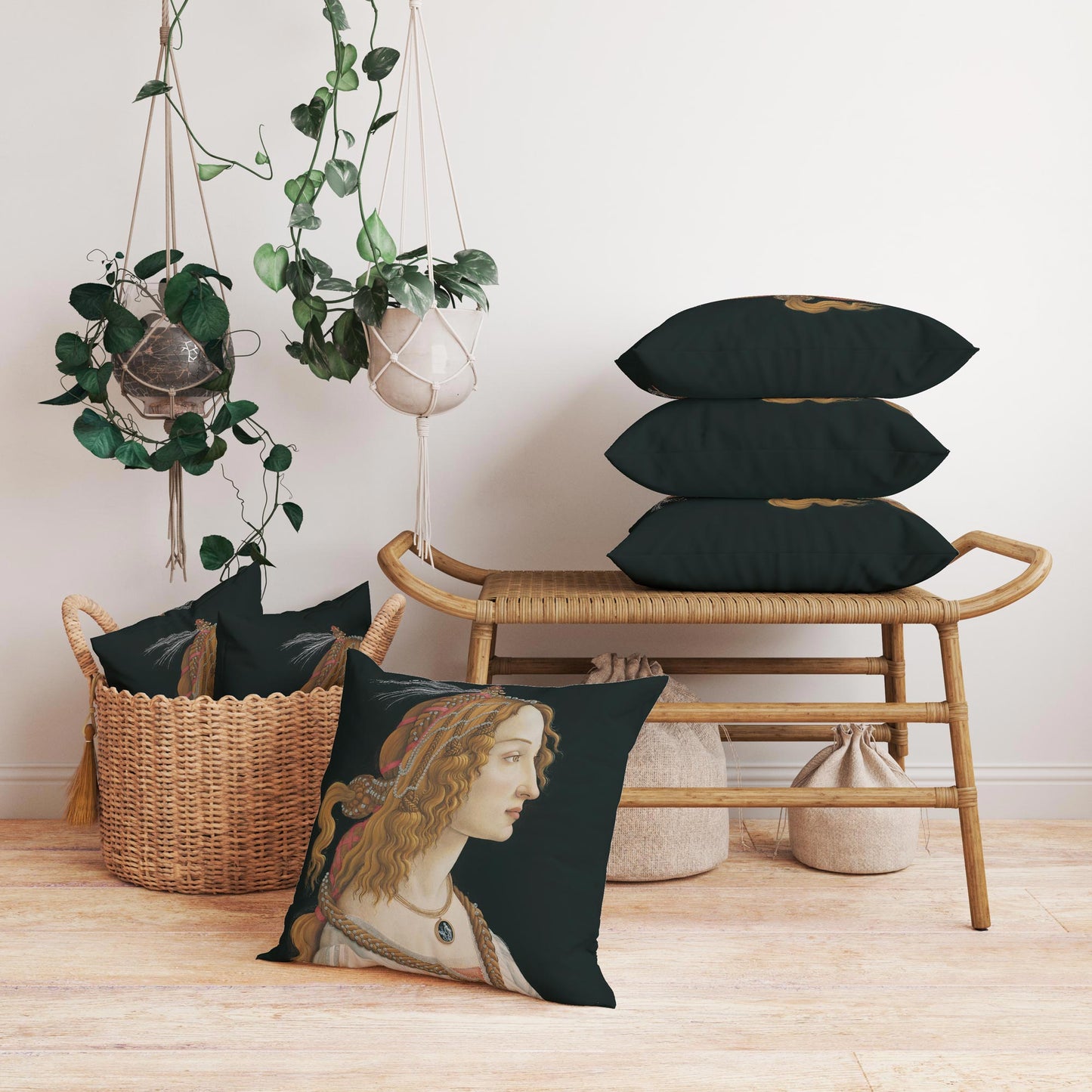 Botticelli Simonetta Vespucci cushion covers stacked on a woven bench beside a rattan basket in a traditional entryway by Decorvm.