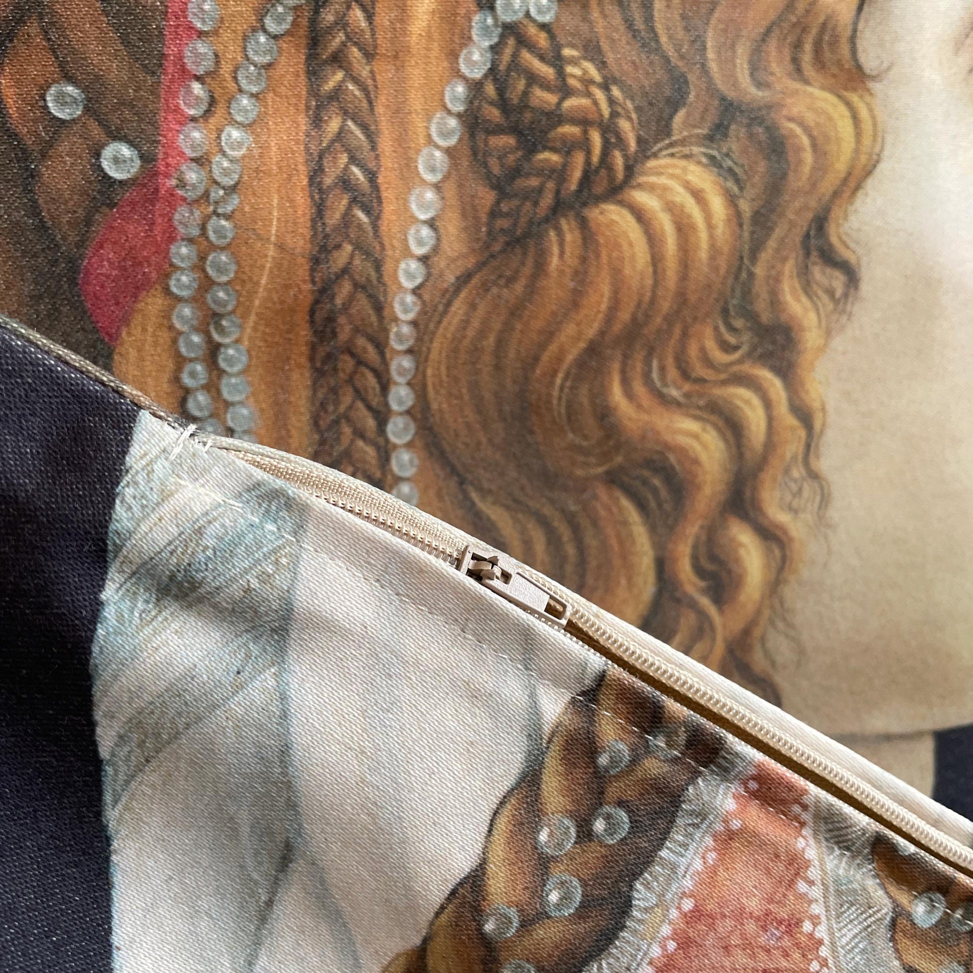 Hidden zipper and stitching on the Botticelli Simonetta Vespucci cushion cover.
