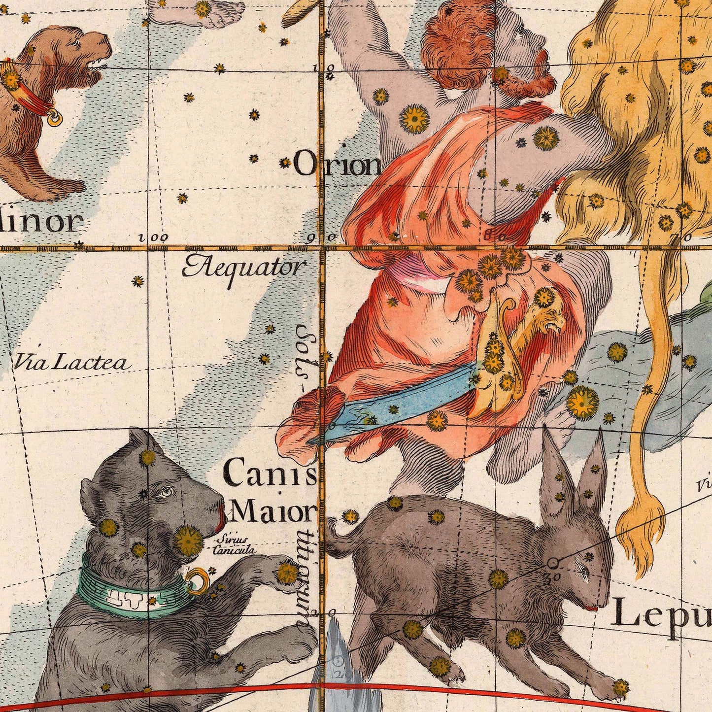 Orion, Canis Major, and Lepus mythological figures — design detail from the 1693 Pardies celestial star chart.