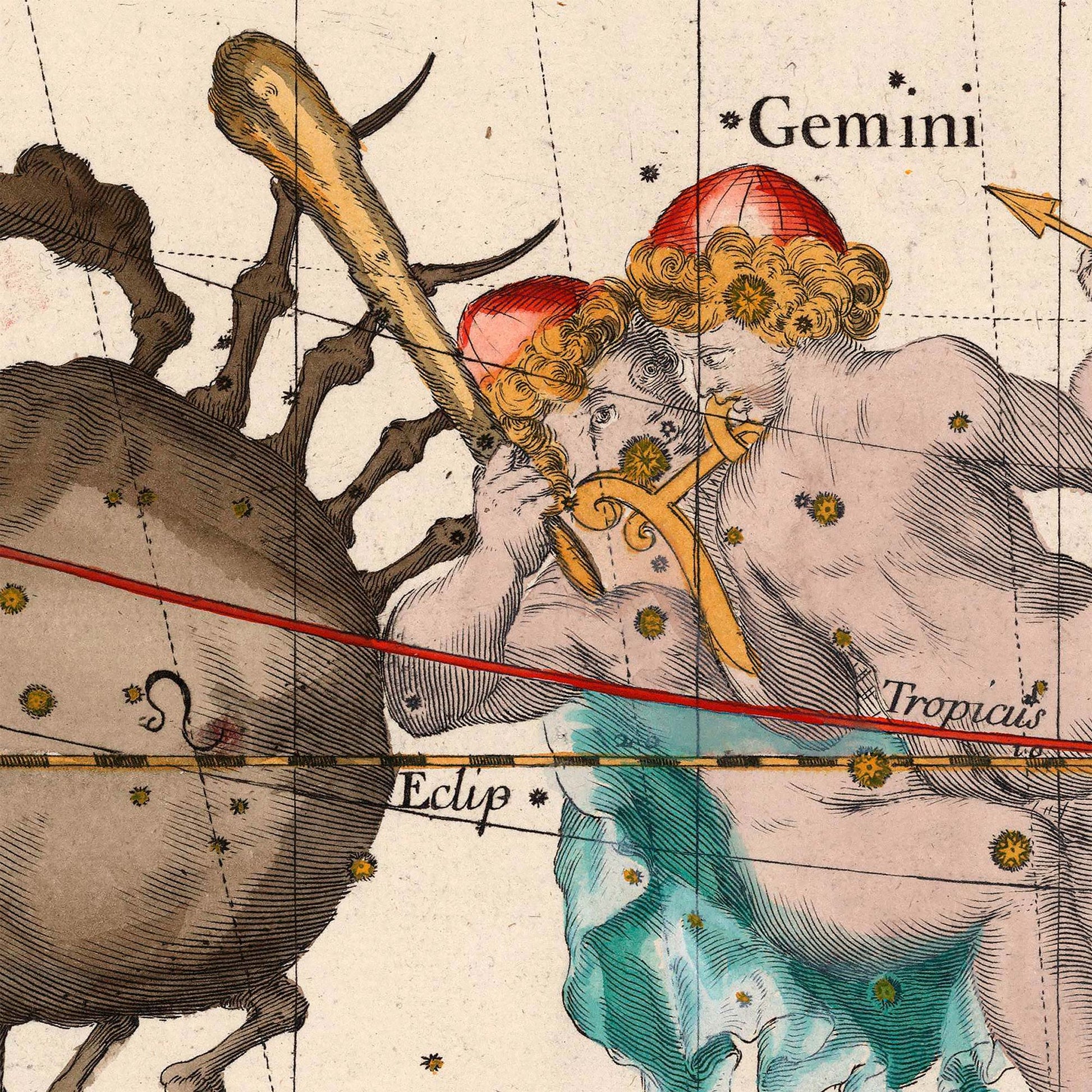 Gemini twins and Cancer crab constellations — design detail from the 1693 Pardies celestial star chart.