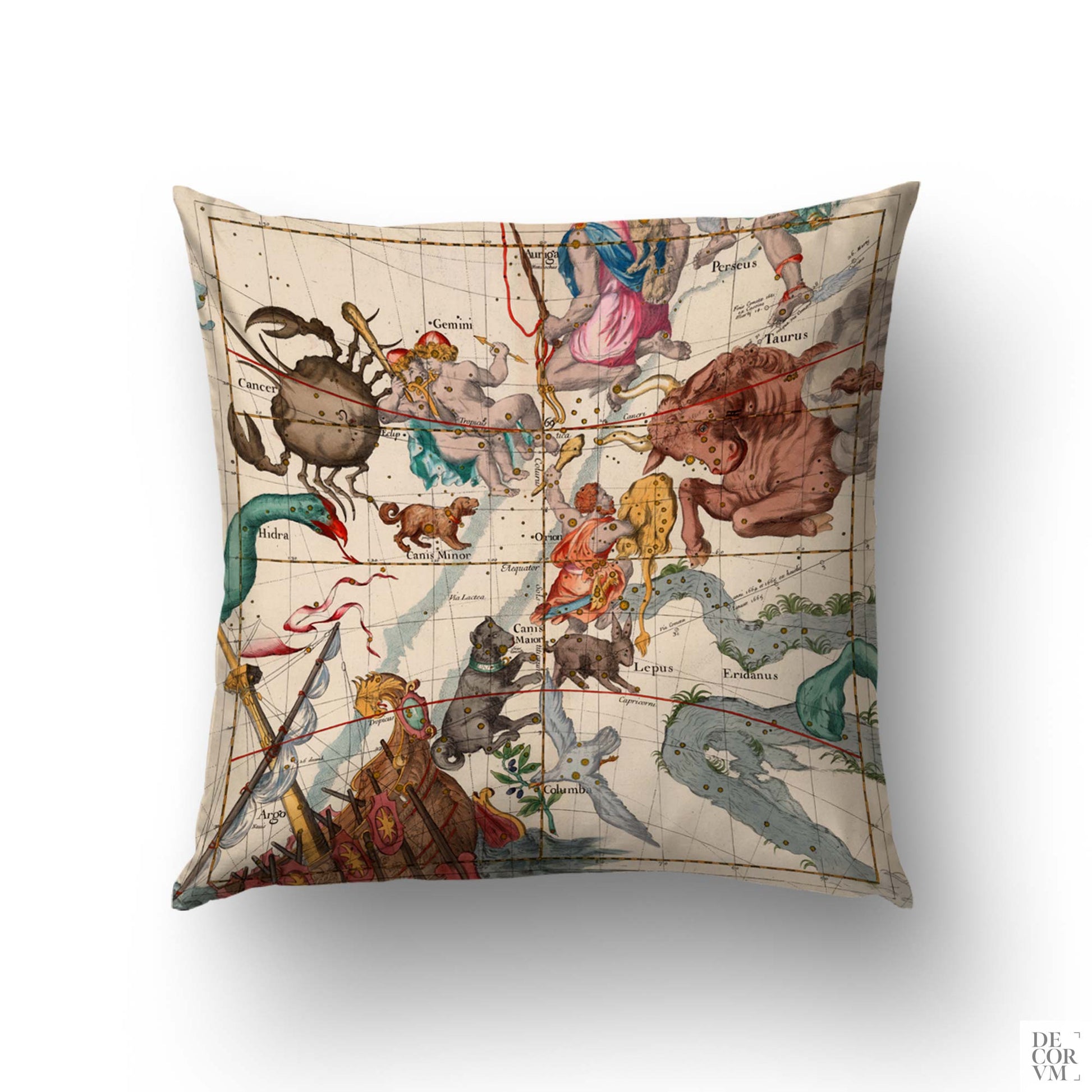 Pardies zodiac constellations reversible cushion cover — 1693 celestial chart with Taurus, Gemini, and Orion on side A by Decorvm.