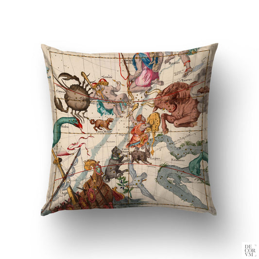 Pardies zodiac constellations reversible cushion cover — 1693 celestial chart with Taurus, Gemini, and Orion on side A by Decorvm.