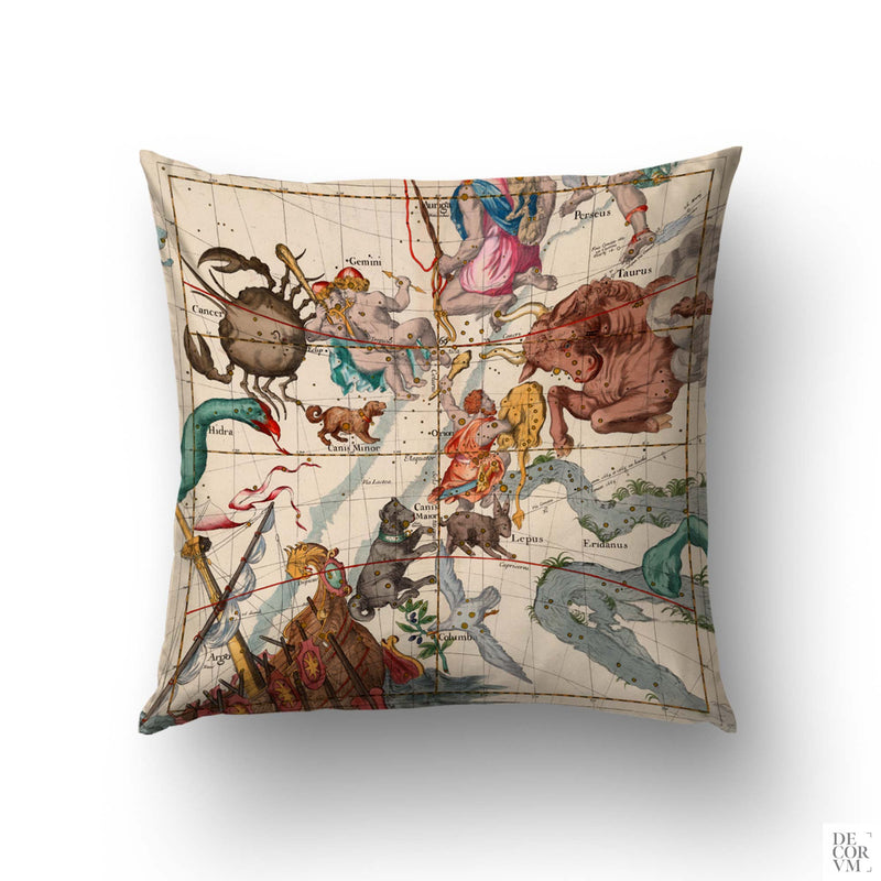 Pardies zodiac constellations reversible cushion cover — 1693 celestial chart with Taurus, Gemini, and Orion on side A by Decorvm.