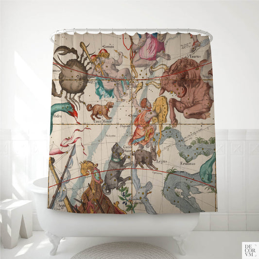 Pardies celestial star chart shower curtain over a white clawfoot bathtub — 1693 French Jesuit map with Taurus, Orion, and Gemini in sepia by Decorvm.