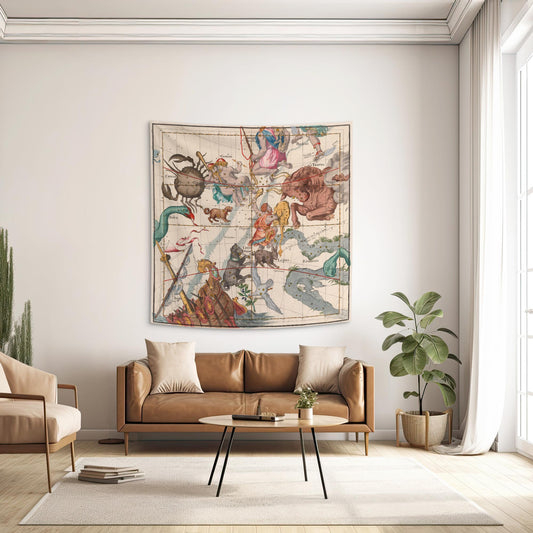 Orion and Taurus constellation wall tapestry hanging above a tan leather sofa in a dark academia living room.