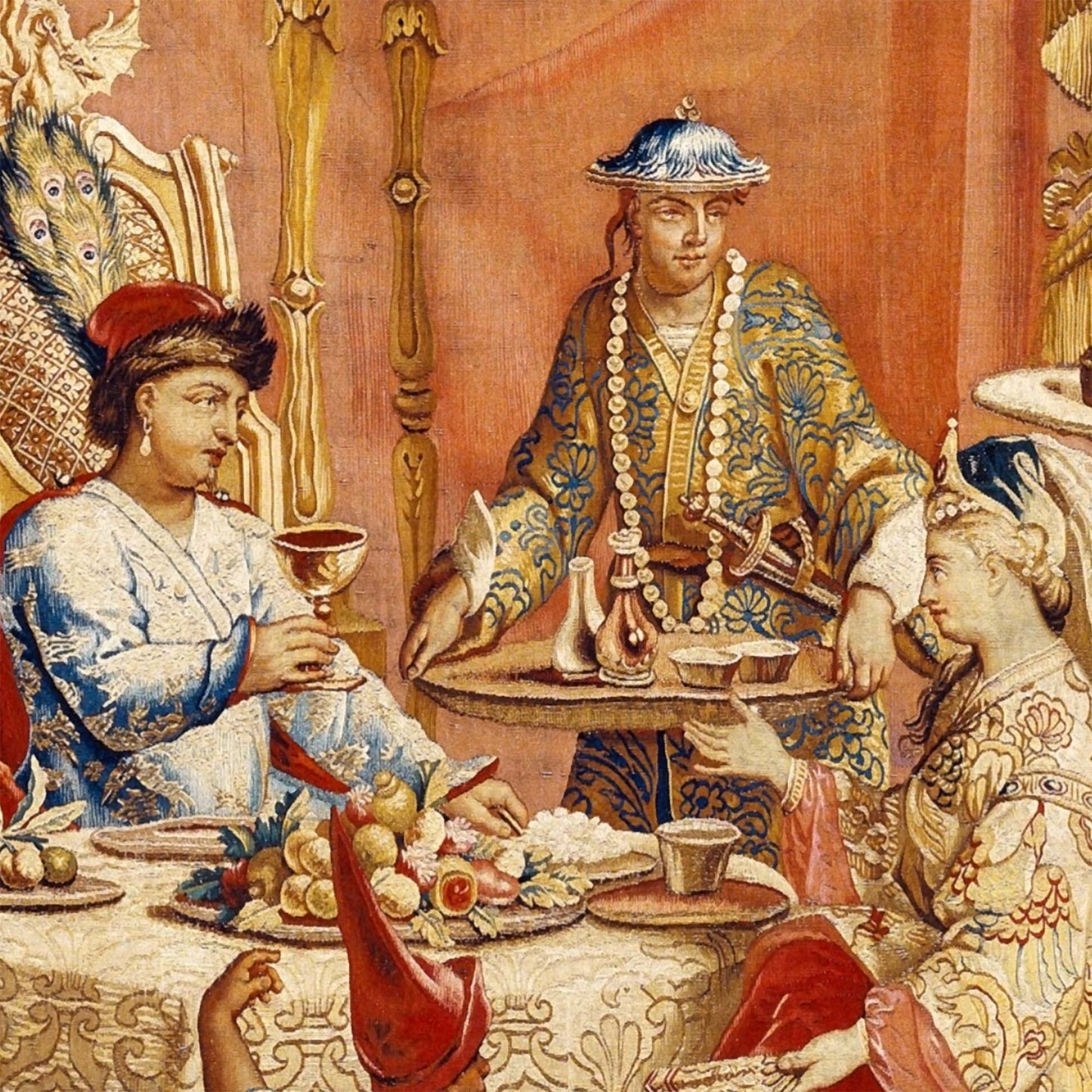 Close-up of the traditional Chinoiserie wall tapestry detailing the Chinese emperor being served at a royal banquet, showcasing the rich woven textures and golden hues of this elegant fabric art.