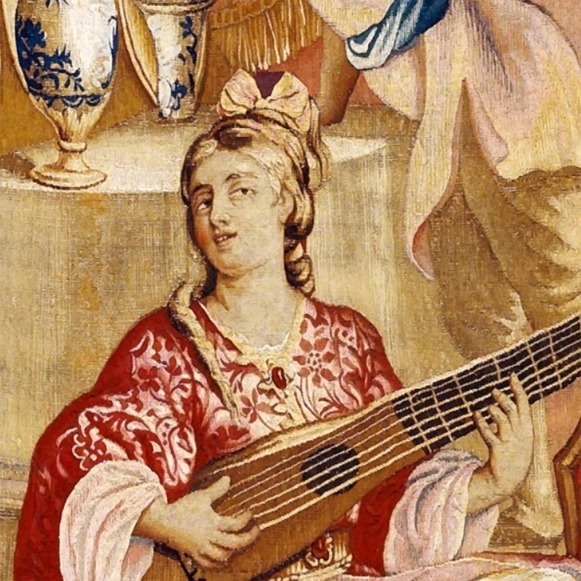 Close-up of a female musician playing a stringed instrument, highlighting the intricate 17th-century red garments and fine woven details in our traditional Chinoiserie wall tapestry.