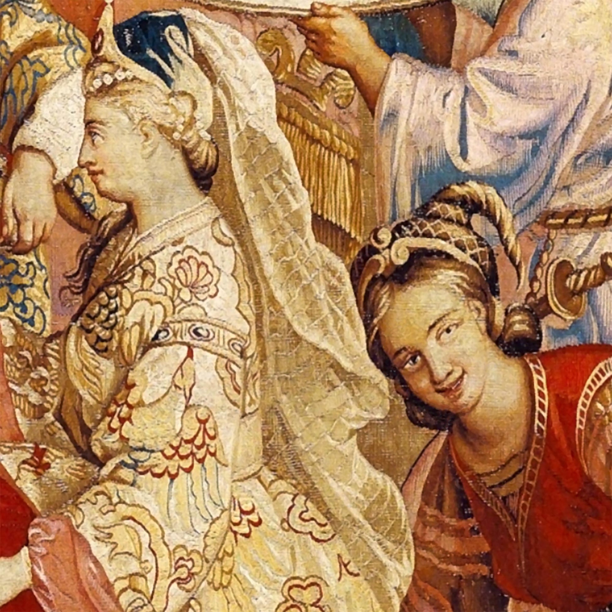 Woven detail of the empress in an intricate gold and white gown from the elegant fabric art tapestry, showcasing the maximalist antique style of this historic royal court scene.