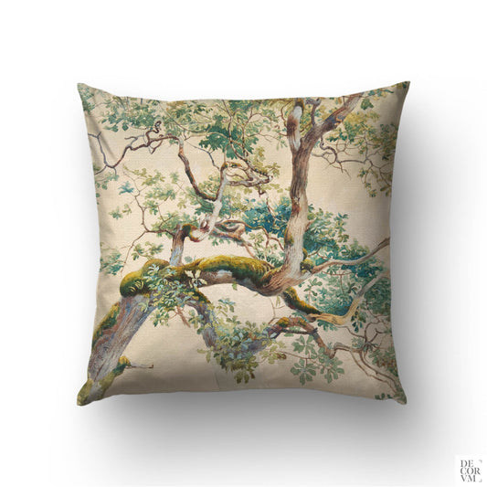 Vintage oak branch watercolour cushion cover — Charles Reginald Aston Victorian botanical study in mossy green and warm bark by Decorvm.