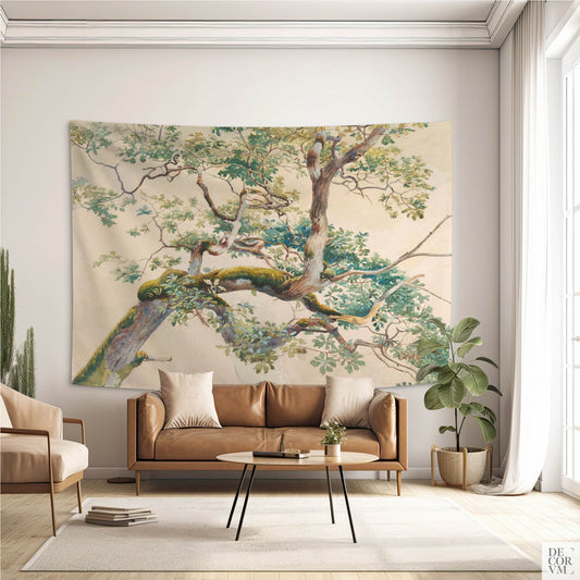 Vintage oak branch watercolour wall tapestry above a leather sofa — Charles Reginald Aston Victorian botanical study in mossy green by Decorvm.