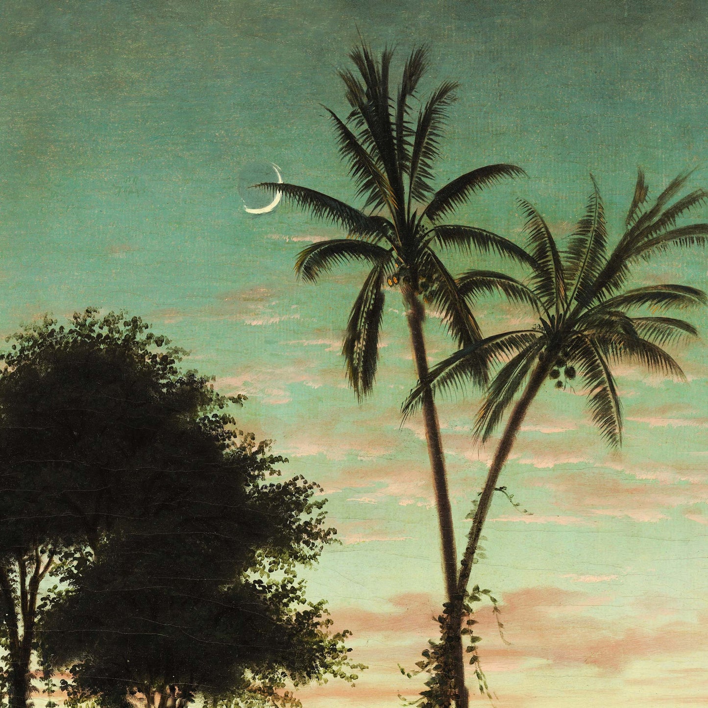 Silhouetted palm trees against a teal twilight sky with a crescent moon — design detail from the tropical twilight landscape.