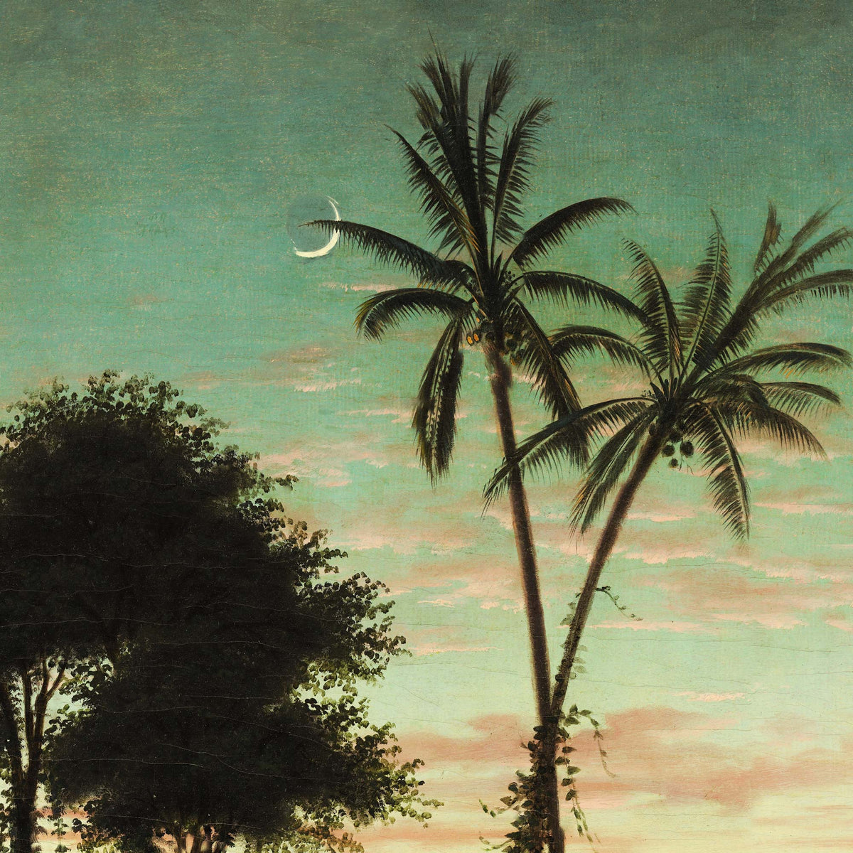 Silhouetted palm trees against a teal twilight sky with a crescent moon — design detail from the tropical twilight landscape.