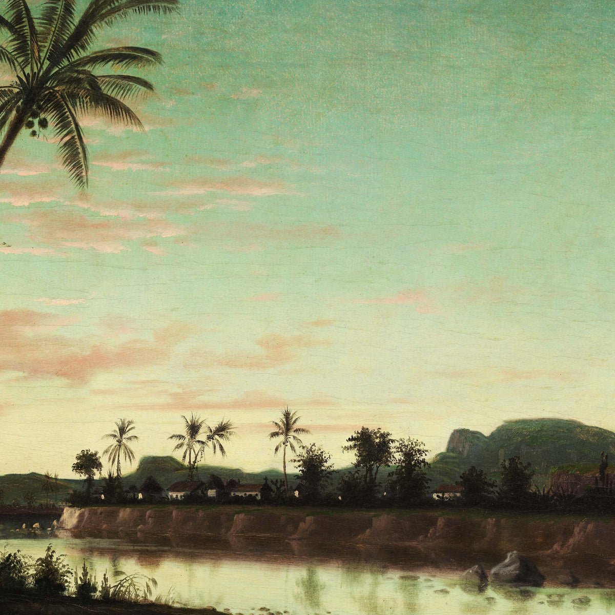 Palm frond framing a distant riverbank village with palm trees and a pink-streaked sky — design detail from the tropical twilight landscape.