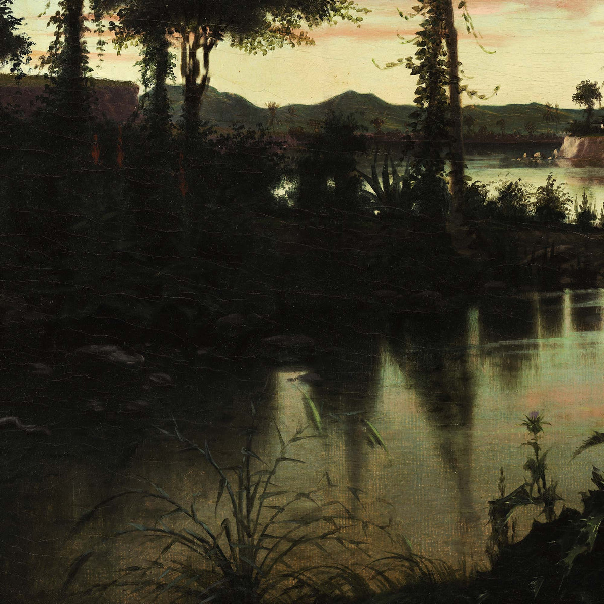 Silhouetted trees and hanging vines over a still river with distant cliffs — design detail from the tropical twilight landscape.