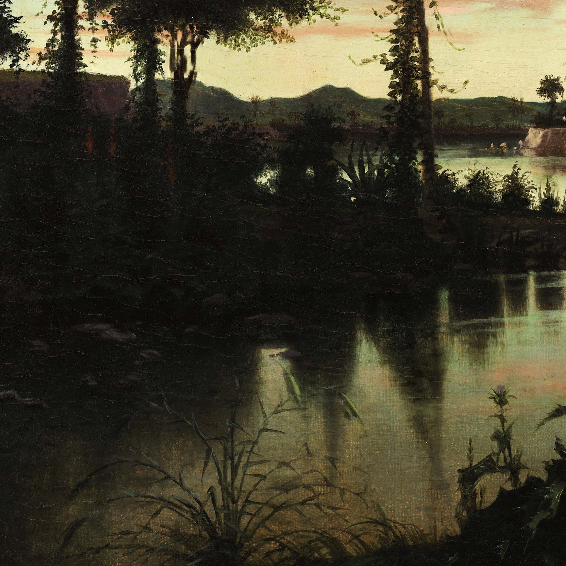 Silhouetted trees and hanging vines over a still river with distant cliffs — design detail from the tropical twilight landscape.