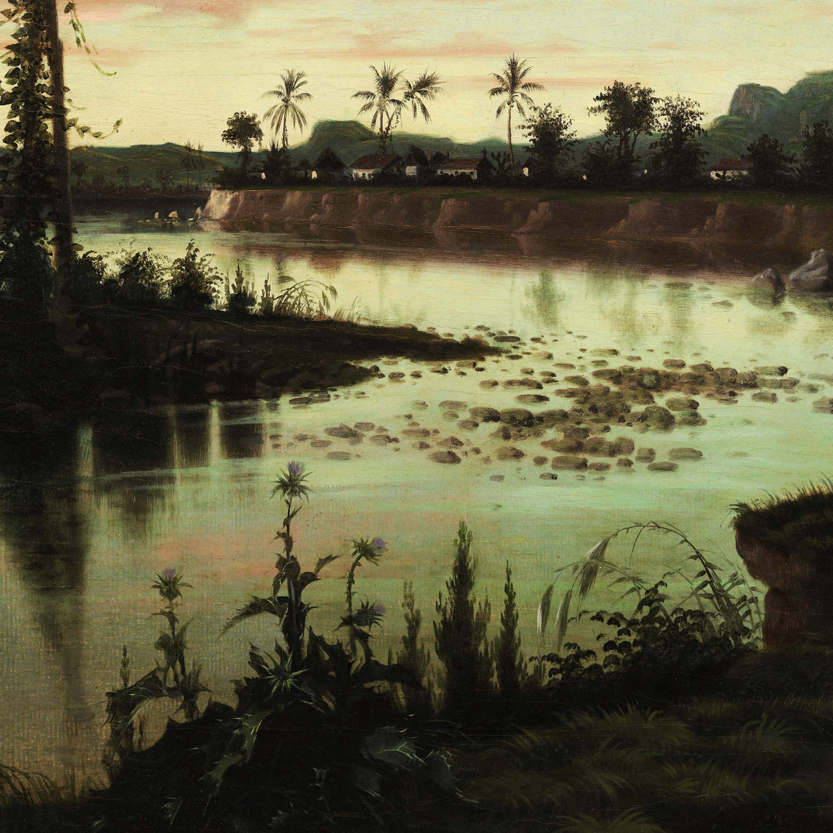 Row of palm trees above a red-earth riverbank with small white houses and calm water — design detail from the tropical twilight landscape.