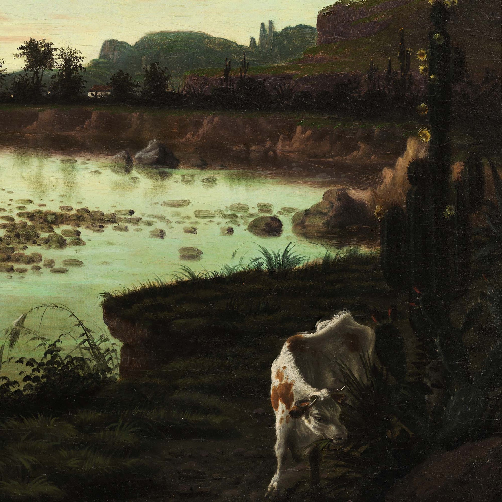 Spotted cow grazing beside a cactus-lined riverbank and rocky cliffs — design detail from the tropical twilight landscape.