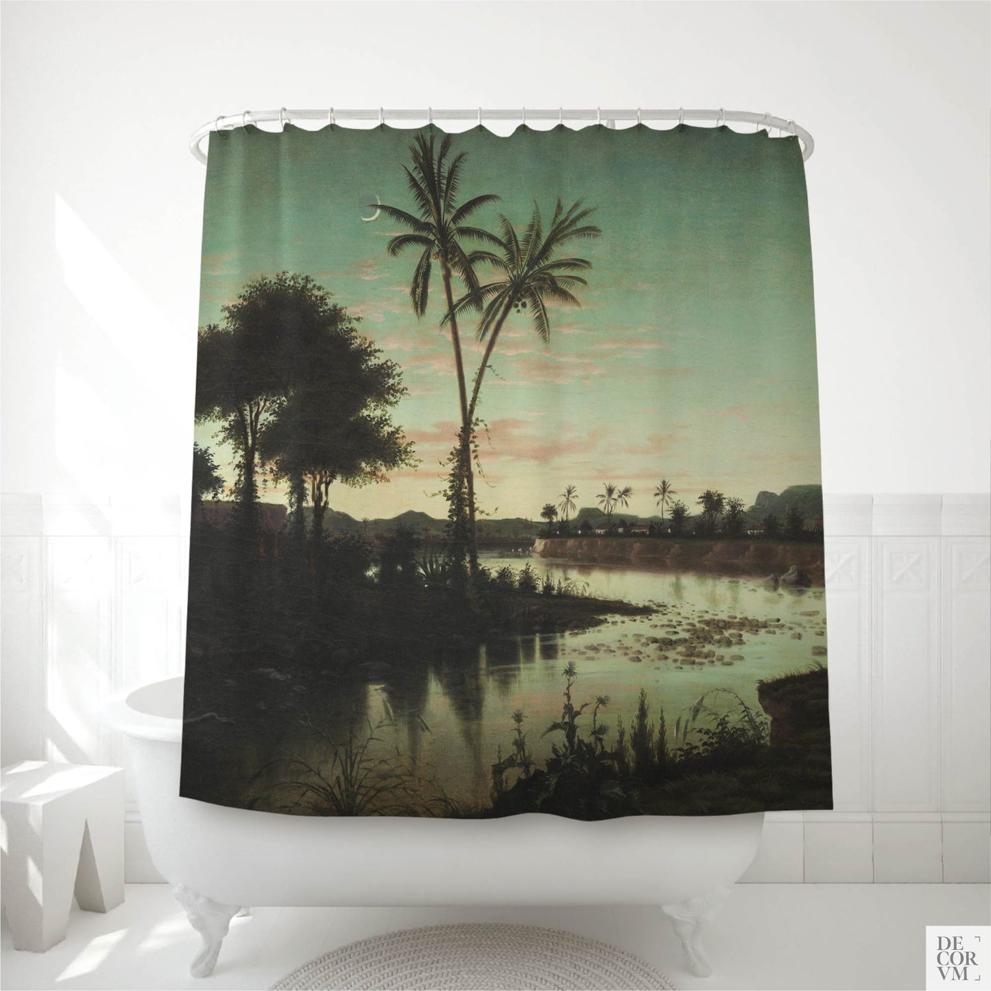 Tropical twilight palms shower curtain over a white clawfoot tub — 1866 painting by Fortunato Arriola with a crescent moon and quiet river by Decorvm.