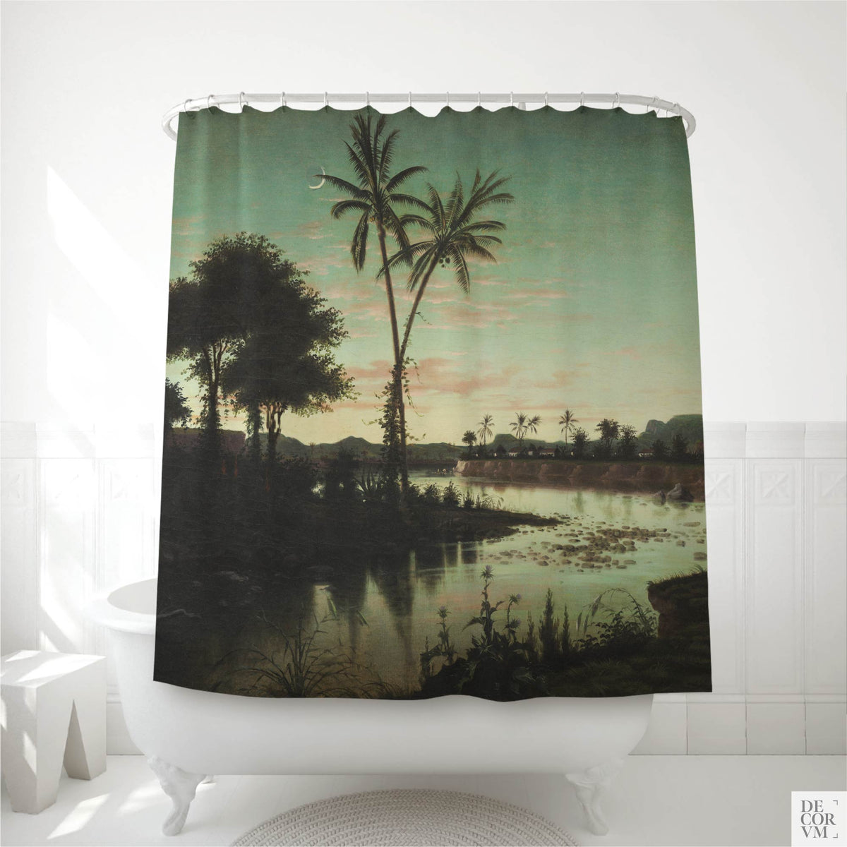 Tropical twilight palms shower curtain over a white clawfoot tub — 1866 painting by Fortunato Arriola with a crescent moon and quiet river by Decorvm.