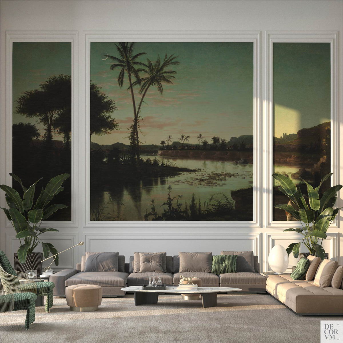 Formal living room featuring the Tropical Twilight Palms Wallpaper Mural — Vintage Tropical Decor framed within white wall molding panels, positioned behind a sectional sofa and two large tropical plants.