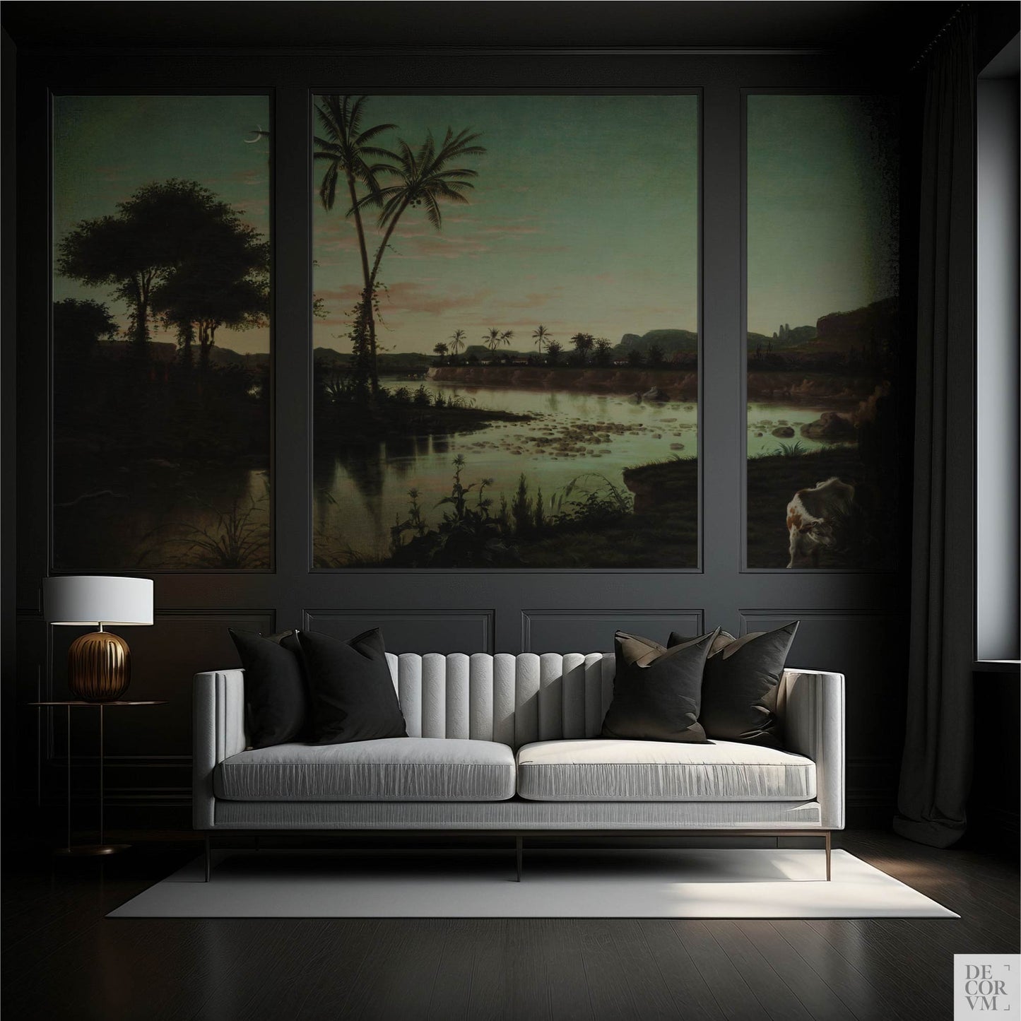 Dark paneled living room featuring the Tropical Twilight Palms Wallpaper Mural — Vintage Tropical Decor as a backdrop for a light grey sofa with black pillows and a brass table lamp.