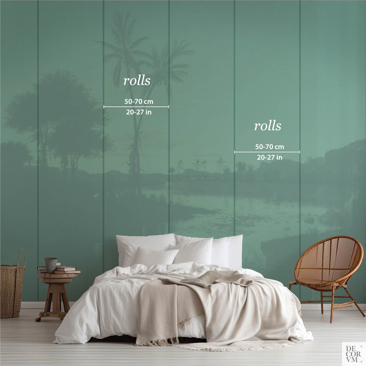 Diagram showing roll width dimensions of 50-70 cm (20-27 in) over a solid green wall in a bedroom setting, illustrating the panel sizes for the Tropical Twilight Palms Wallpaper Mural — Vintage Tropical Decor.