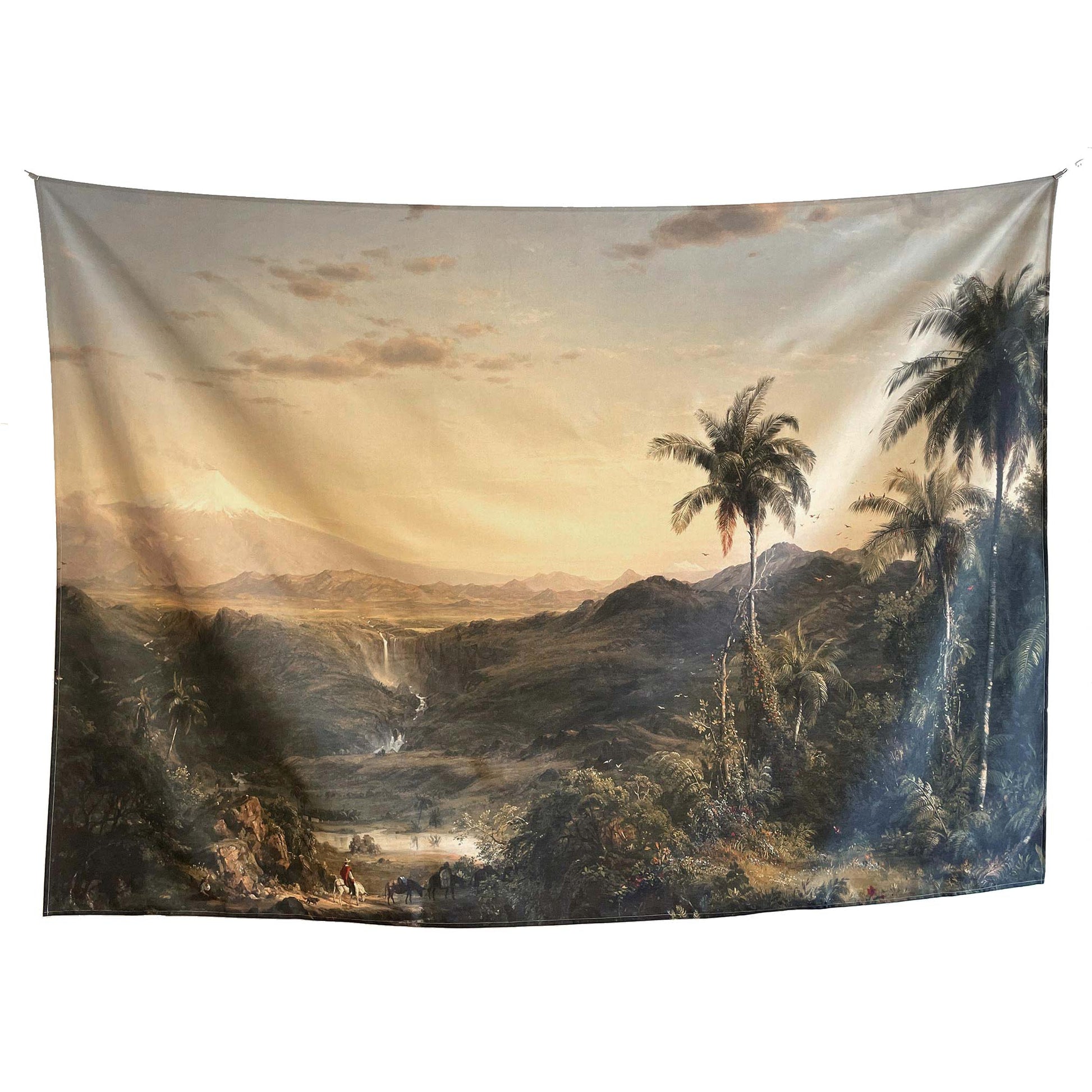 Flat lay of the Frederic Church Cotopaxi wall tapestry showing the full composition with palm trees, waterfall, mountains, and amber sky.