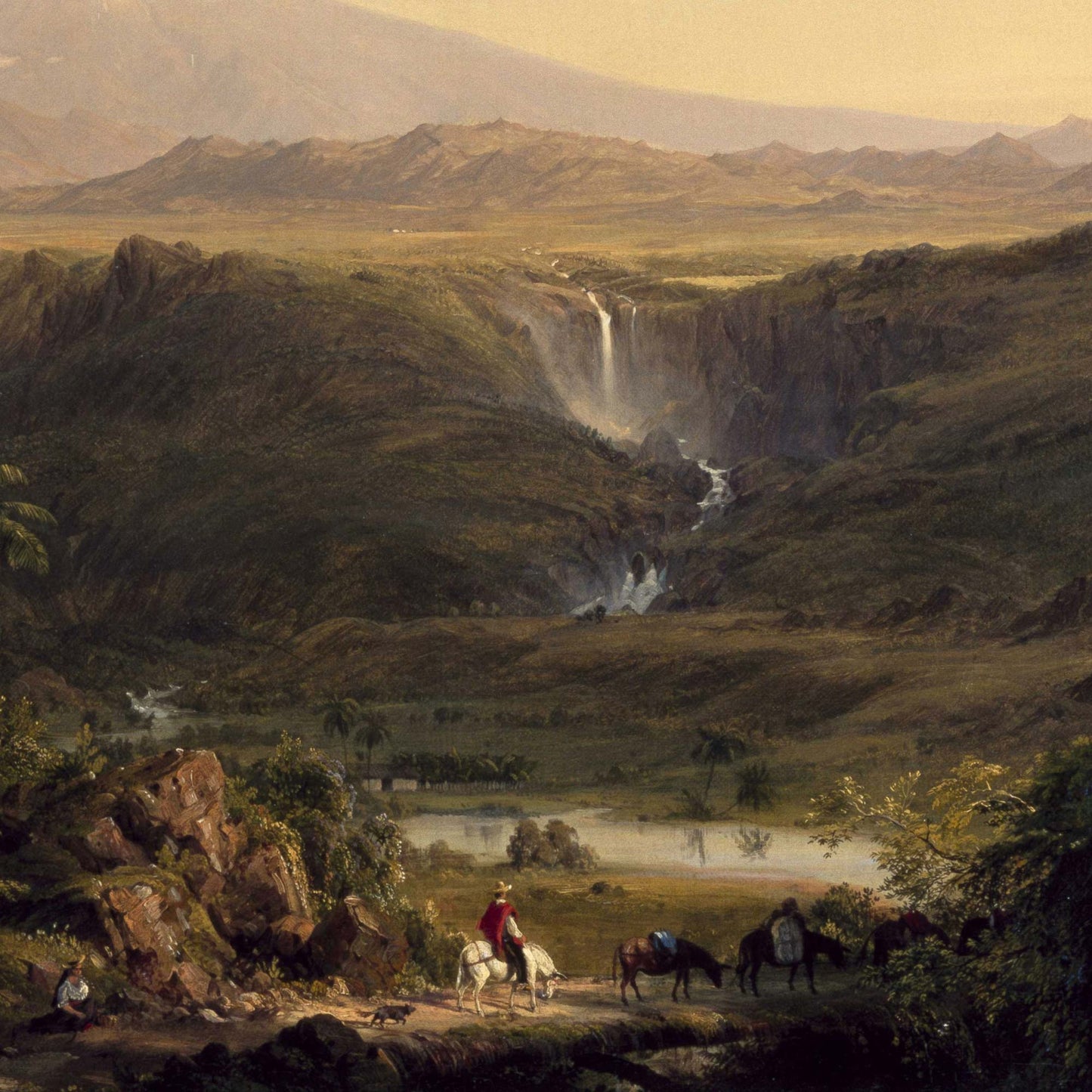 Horseback rider in a red poncho with pack mules beside a waterfall and lush green valley — painting detail from Frederic Church's 1862 Cotopaxi.