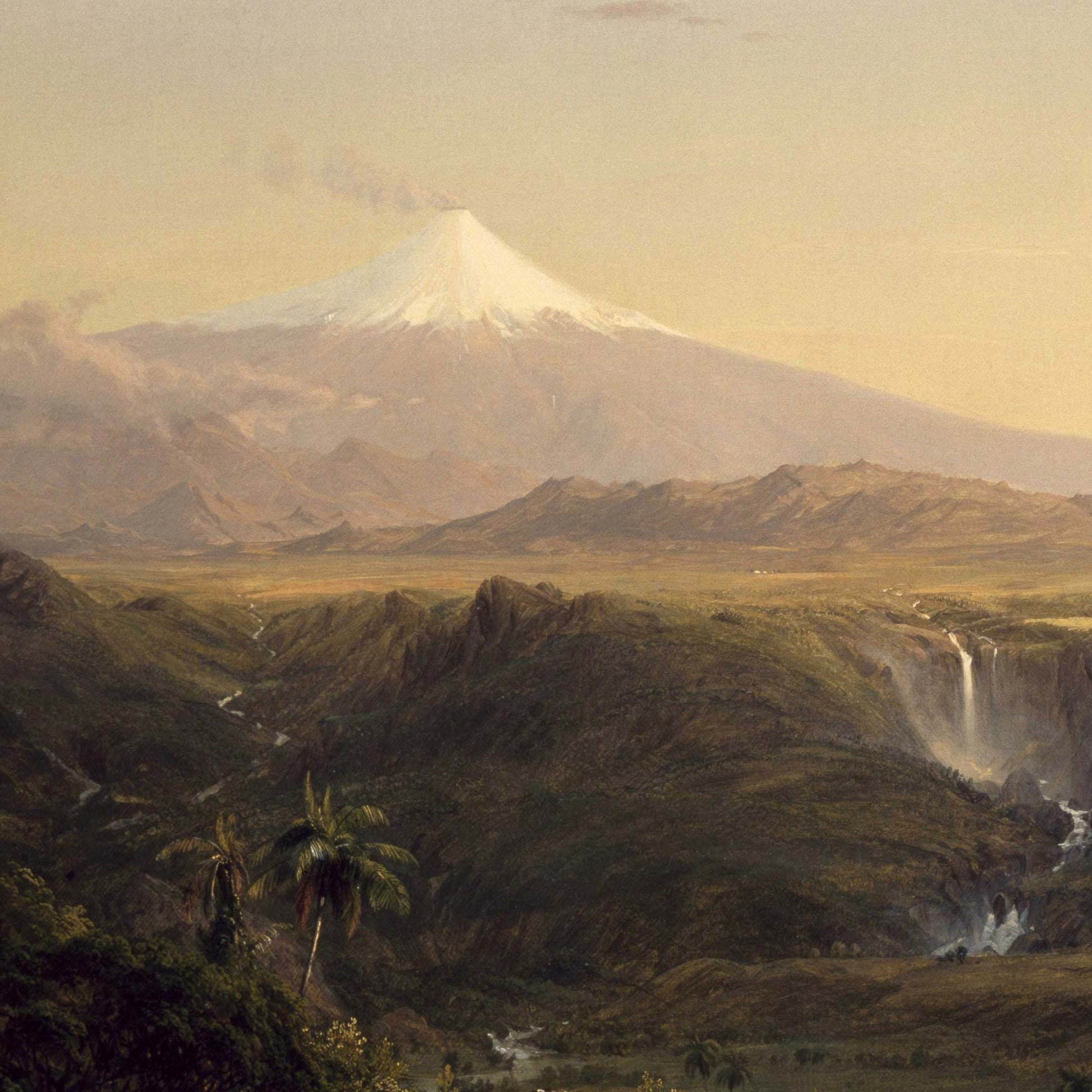 Snow-capped Cotopaxi volcano with a cascading waterfall and Andean mountain range in warm golden light — painting detail from Frederic Church's 1862 Cotopaxi.