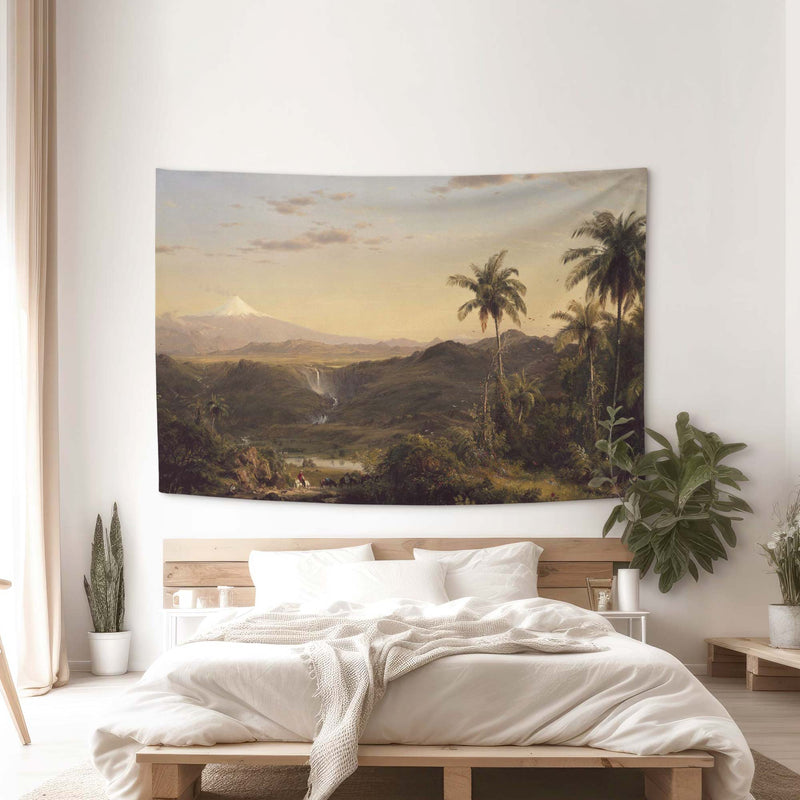 Frederic Church Cotopaxi wall tapestry in a boho bedroom with a wooden platform bed and plants — 1862 Hudson River School volcano landscape by Decorvm.