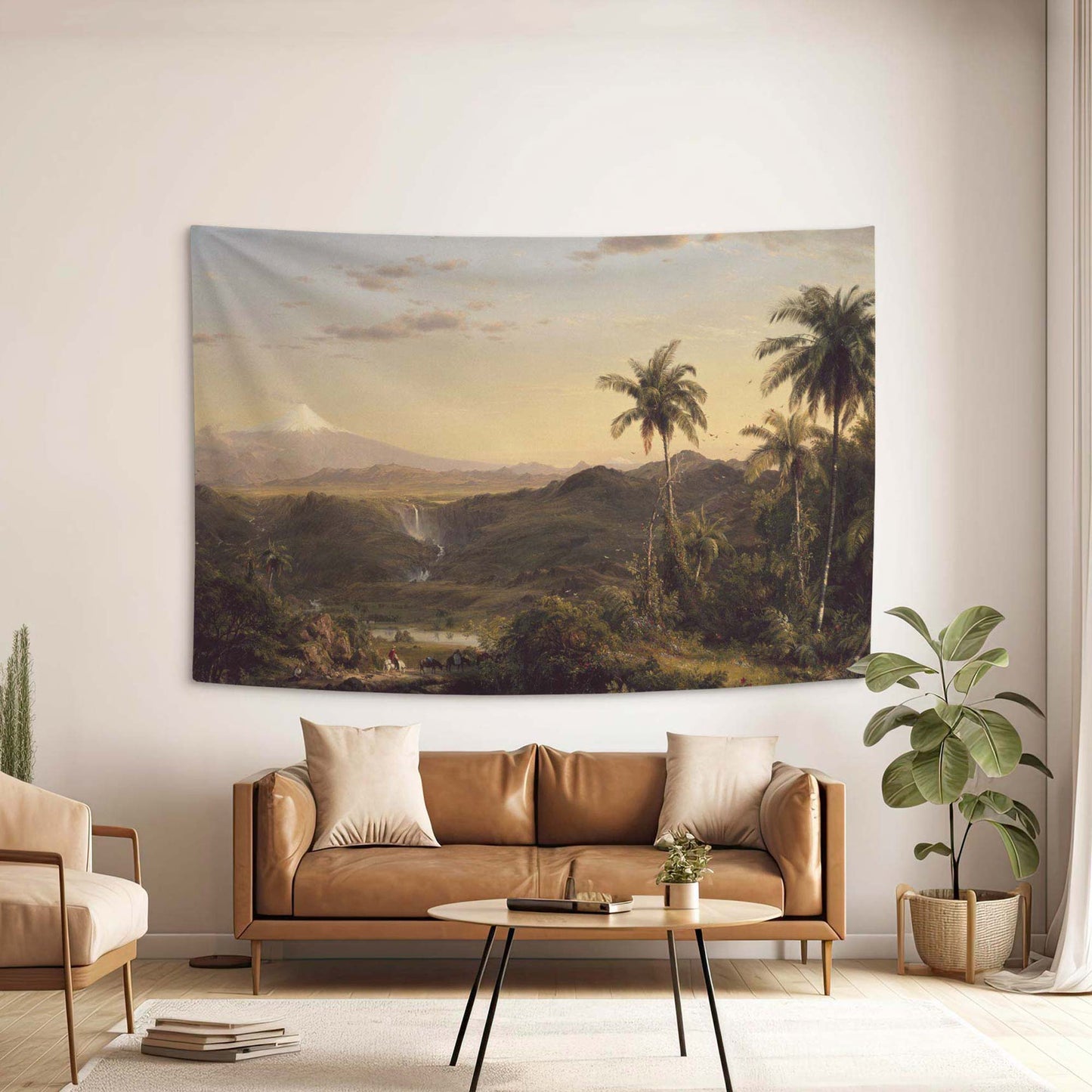 Frederic Church Cotopaxi wall tapestry in an elegant living room with a tan leather sofa and neutral decor by Decorvm.