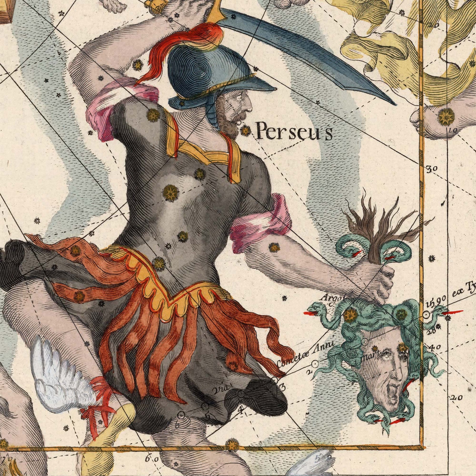 Digital close-up of the historic astronomy print, showcasing the mythological hero Perseus in detailed armor holding the severed head of Medusa on the celestial sphere.