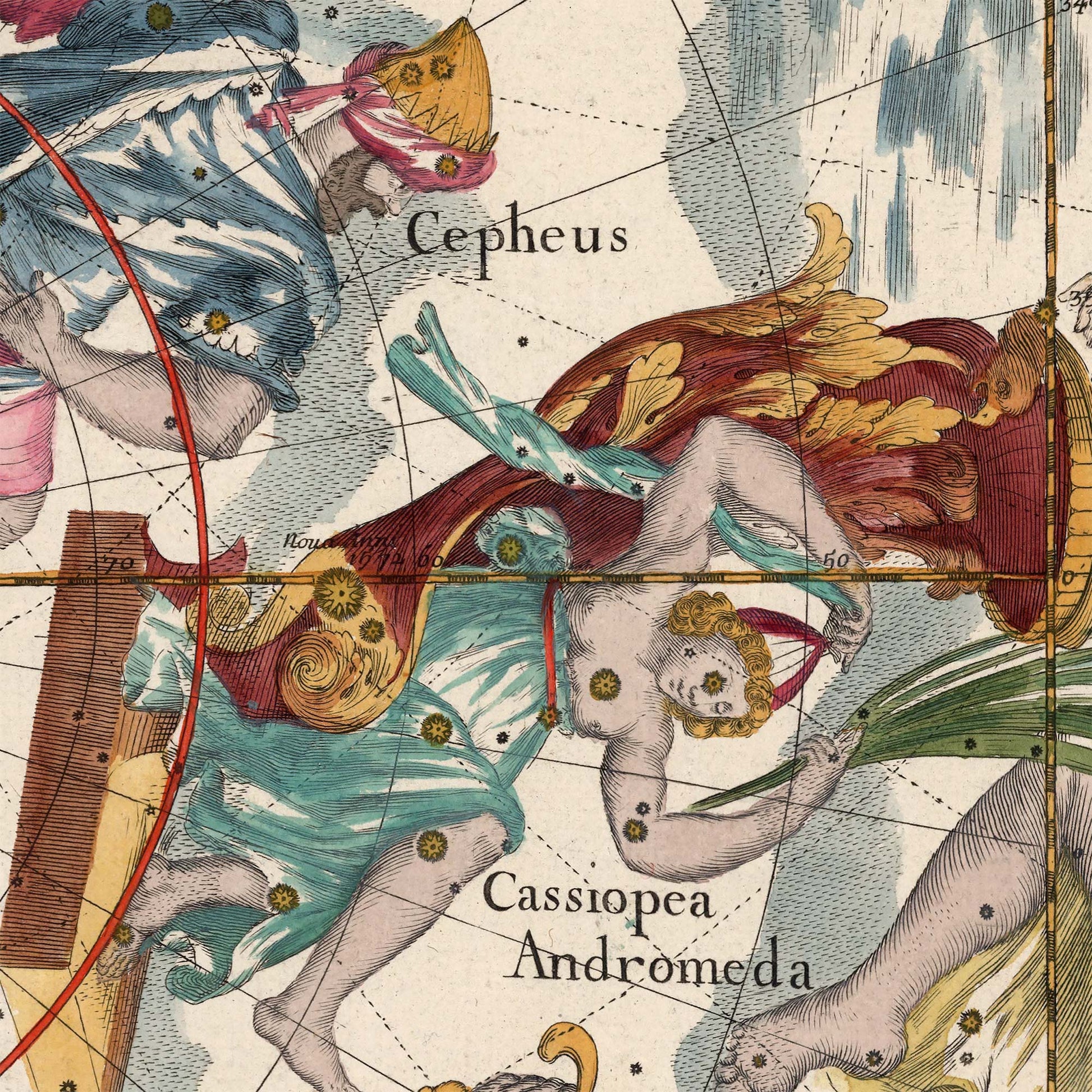 High-resolution digital detail of the vintage northern sky map, capturing the dynamic, colorful illustrations of the Cepheus and Cassiopea constellations in dramatic flight.