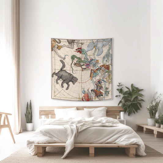 A minimalist, nature-inspired bedroom showcasing the antique northern sky map tapestry displayed over a wooden platform bed, perfectly complemented by crisp white bedding and lush indoor potted plants.