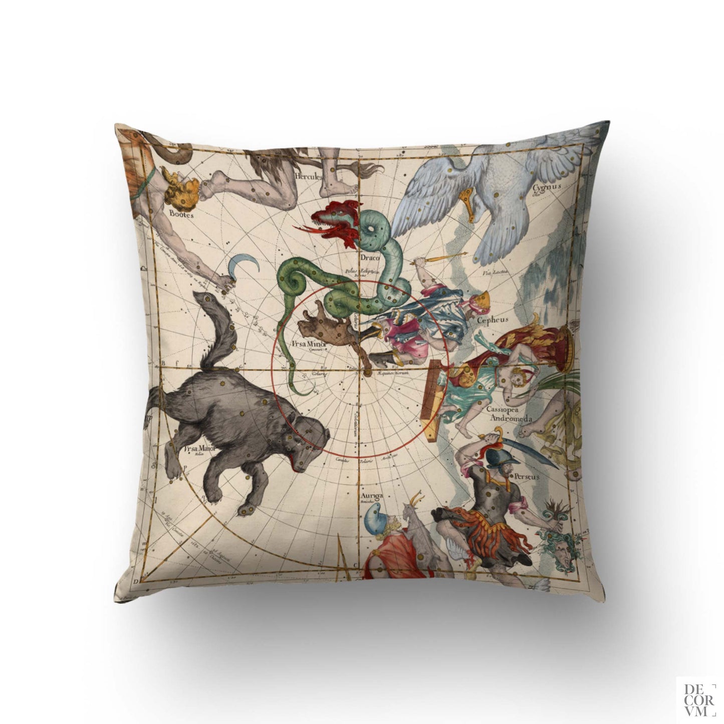 Square decorative pillow featuring a 1693 antique celestial map of the northern sky, highlighting Ursa Major, Draco, and Perseus constellations for a dark academia aesthetic.