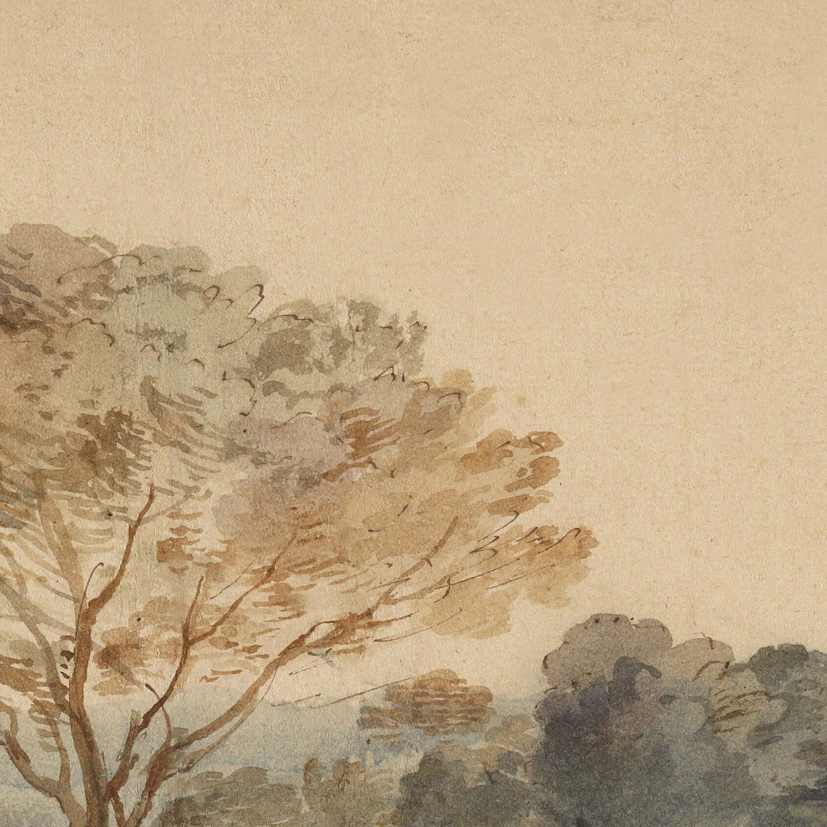 Loosely brushed tree branches and foliage in ochre and warm brown ink washes — design detail from the English landscape sketch.
