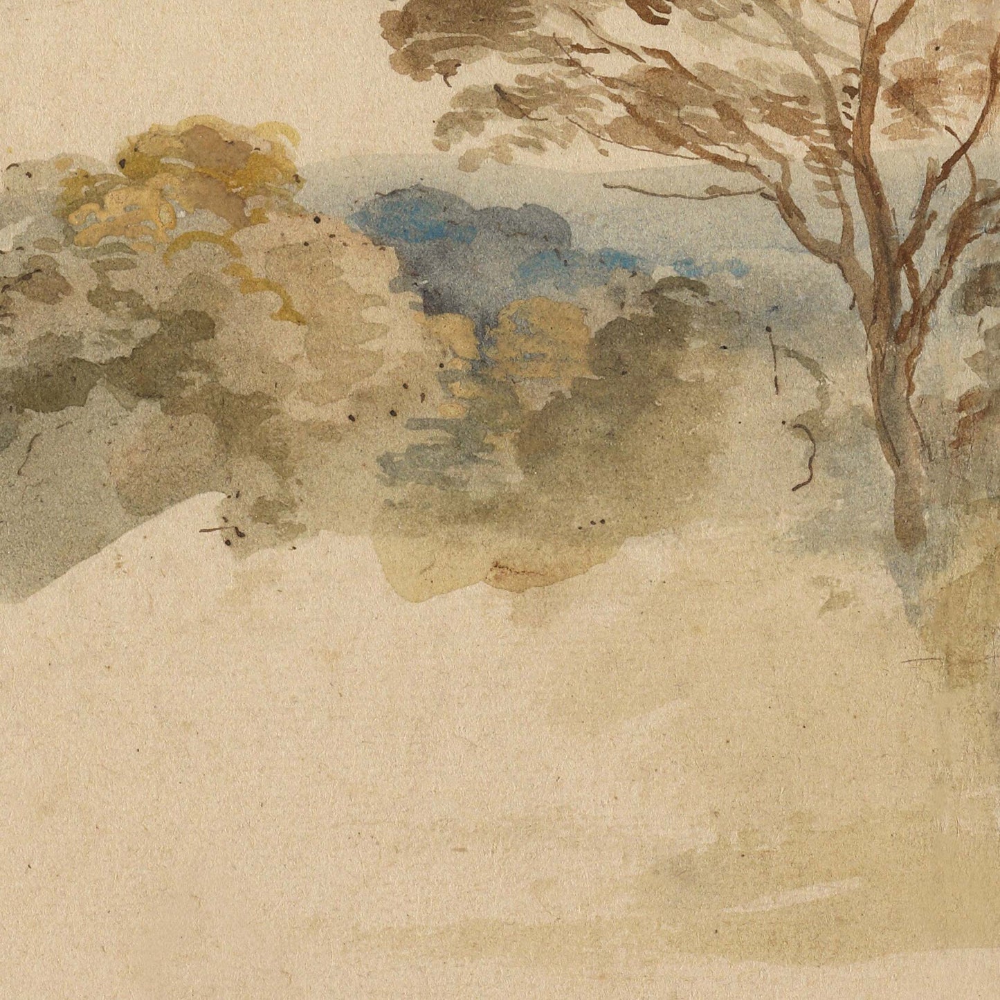 Distant blue-grey hills behind golden trees and bare branches — design detail from the English landscape sketch.