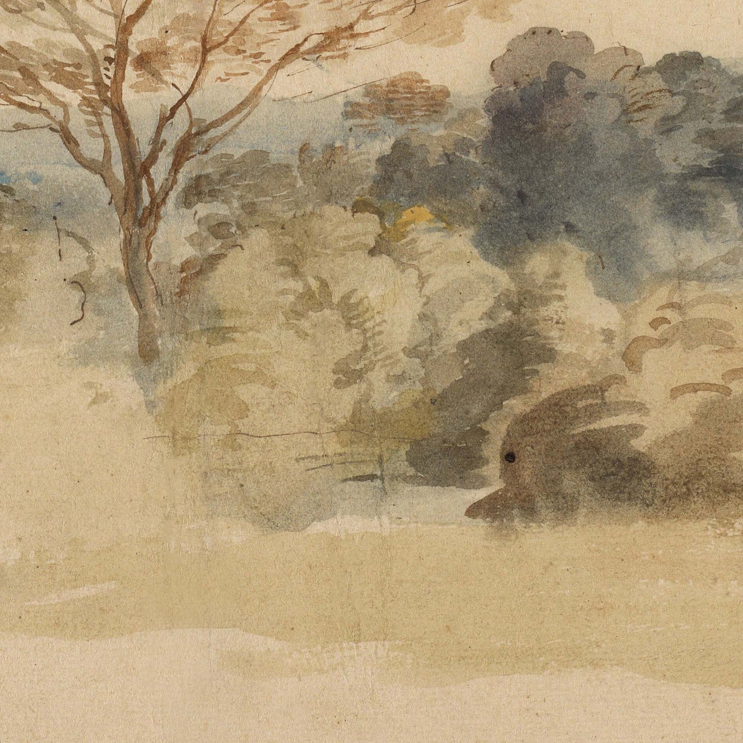 Tree trunk beside dense foliage clusters and a rock at the water's edge — design detail from the English landscape sketch.