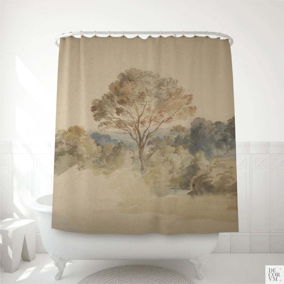 Van Dyck English landscape shower curtain over a white clawfoot tub — 17th-century sepia watercolor sketch with a solitary tree by Decorvm.