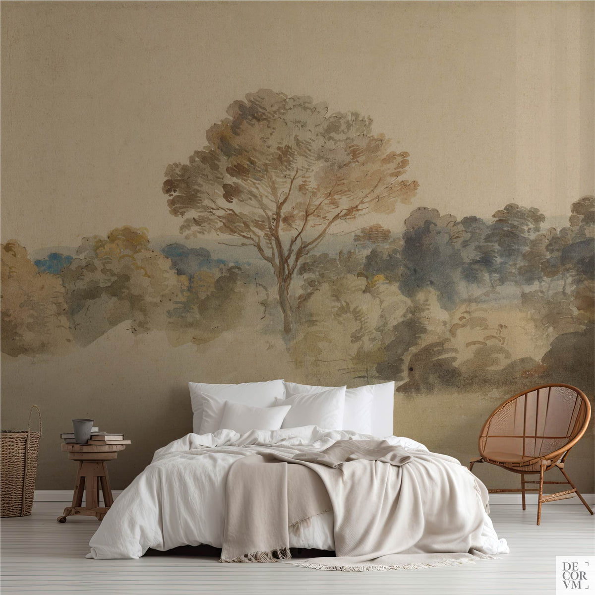 Bedroom scene featuring the Van Dyck English Landscape Wallpaper Mural — Dark Academia Decor behind a bed with white linens, a wooden stool, and a rattan chair on the right.