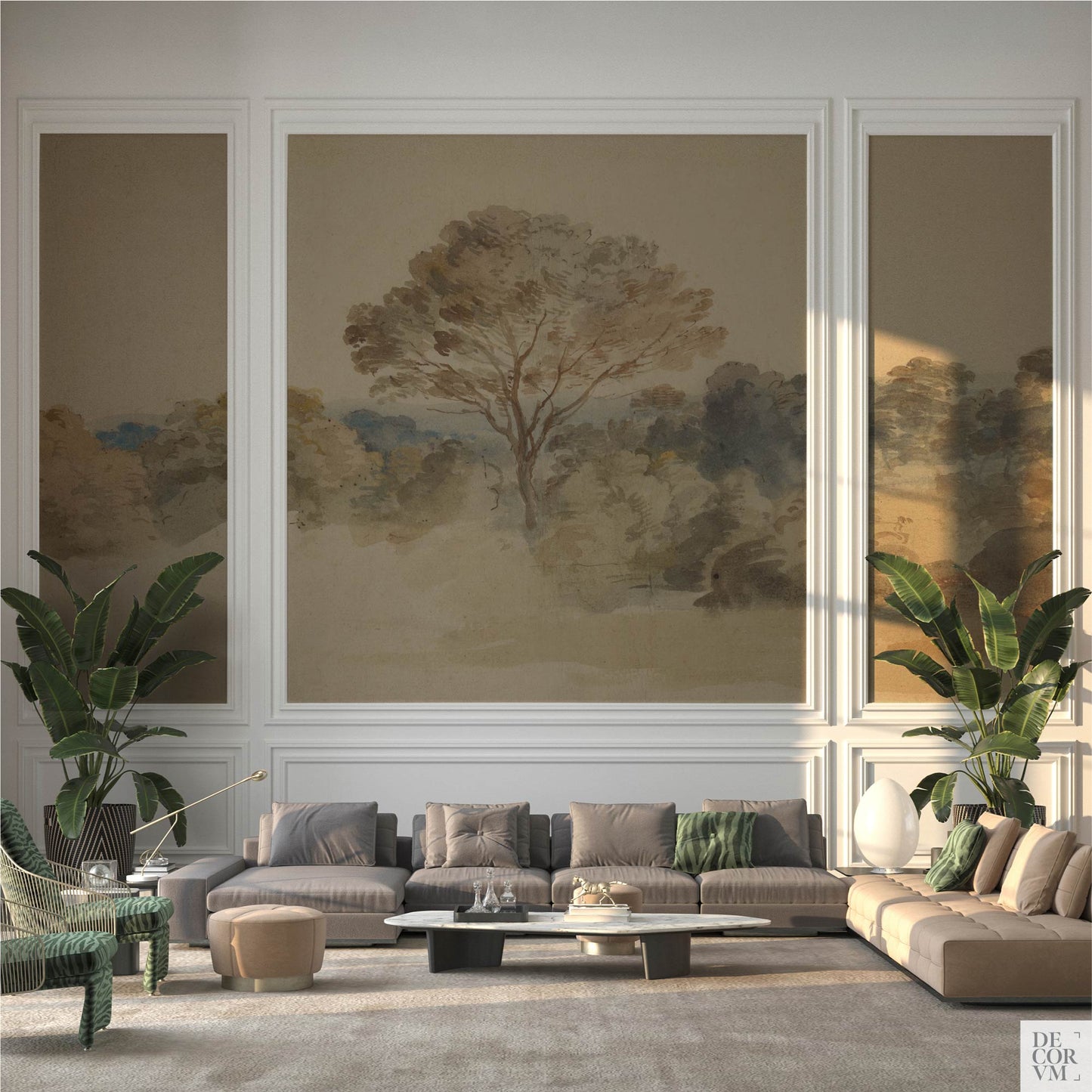 Formal living room featuring the Van Dyck English Landscape Wallpaper Mural — Dark Academia Decor framed within white wall molding panels, positioned behind a sectional sofa and two large tropical plants.
