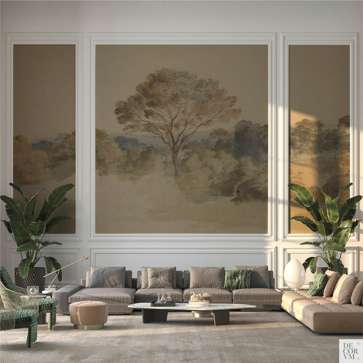 Formal living room featuring the Van Dyck English Landscape Wallpaper Mural — Dark Academia Decor framed within white wall molding panels, positioned behind a sectional sofa and two large tropical plants.