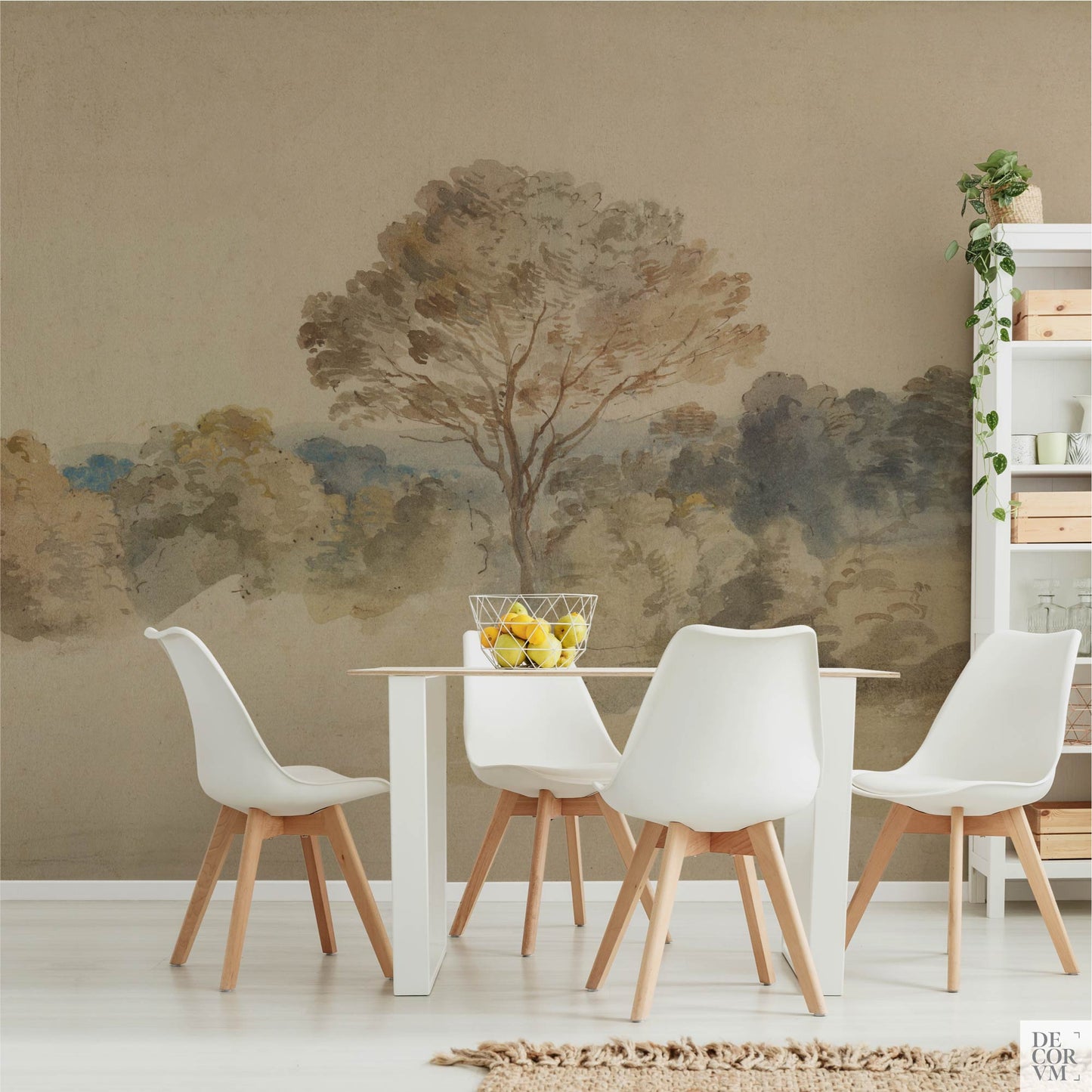 Dining room scene showcasing the Van Dyck English Landscape Wallpaper Mural — Dark Academia Decor behind a white table and chairs, alongside a white open shelving unit holding plants and crates.