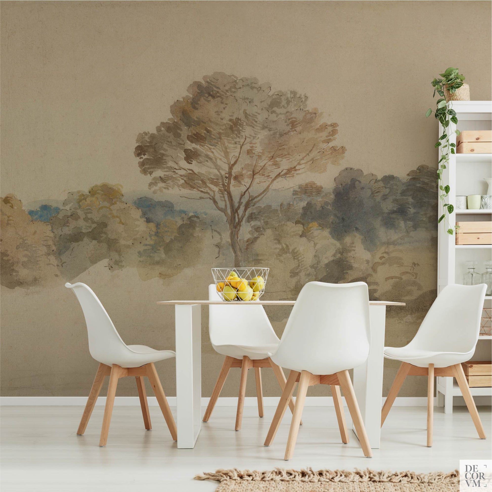 Dining room scene showcasing the Van Dyck English Landscape Wallpaper Mural — Dark Academia Decor behind a white table and chairs, alongside a white open shelving unit holding plants and crates.