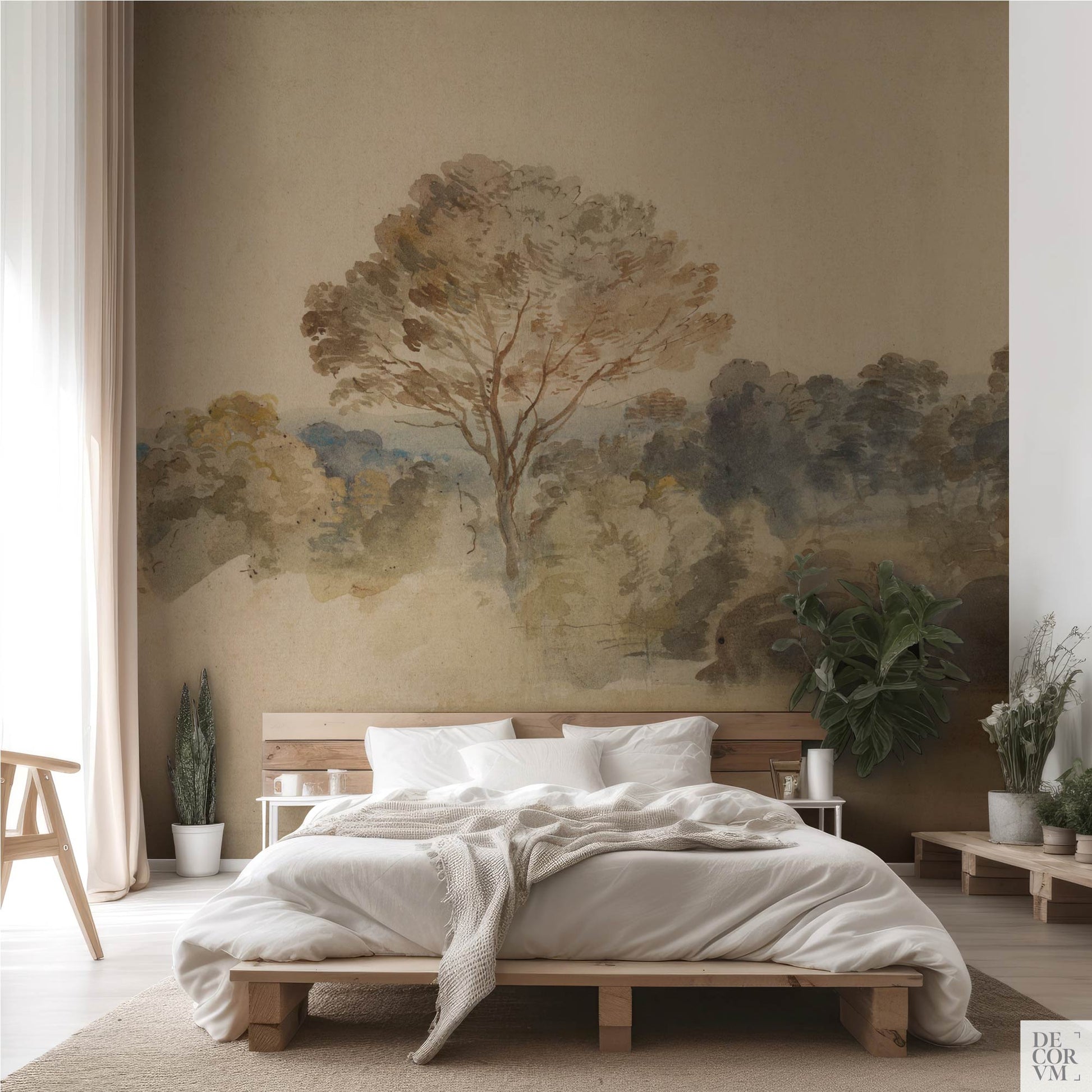 Minimalist bedroom interior showcasing the Van Dyck English Landscape Wallpaper Mural — Dark Academia Decor behind a low wooden bed frame, sheer curtains, and potted plants.