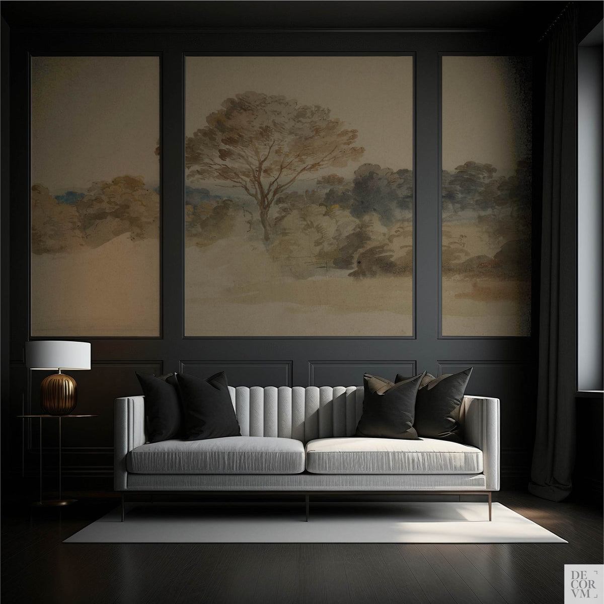 Dark paneled living room featuring the Van Dyck English Landscape Wallpaper Mural — Dark Academia Decor as a backdrop for a light grey sofa with black pillows and a brass table lamp.