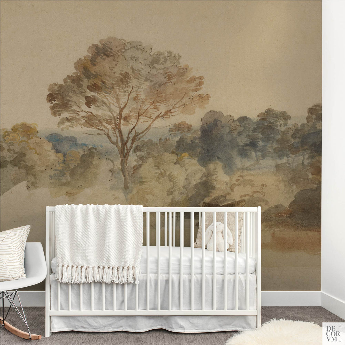 Nursery room setup with a white crib placed directly in front of the Van Dyck English Landscape Wallpaper Mural — Dark Academia Decor, with a white rocking chair to the left.