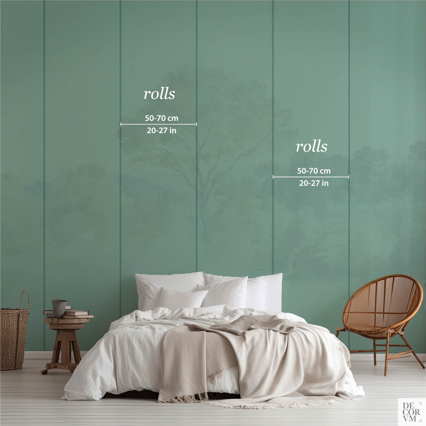 Diagram showing roll width dimensions of 50-70 cm (20-27 in) over a solid green wall in a bedroom setting, illustrating the panel sizes for the Van Dyck English Landscape Wallpaper Mural — Dark Academia Decor.