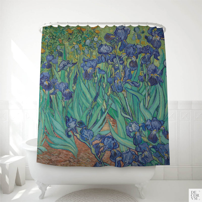 Van Gogh Irises shower curtain over a white clawfoot tub — 1889 post-impressionist painting in blue and green by Decorvm.